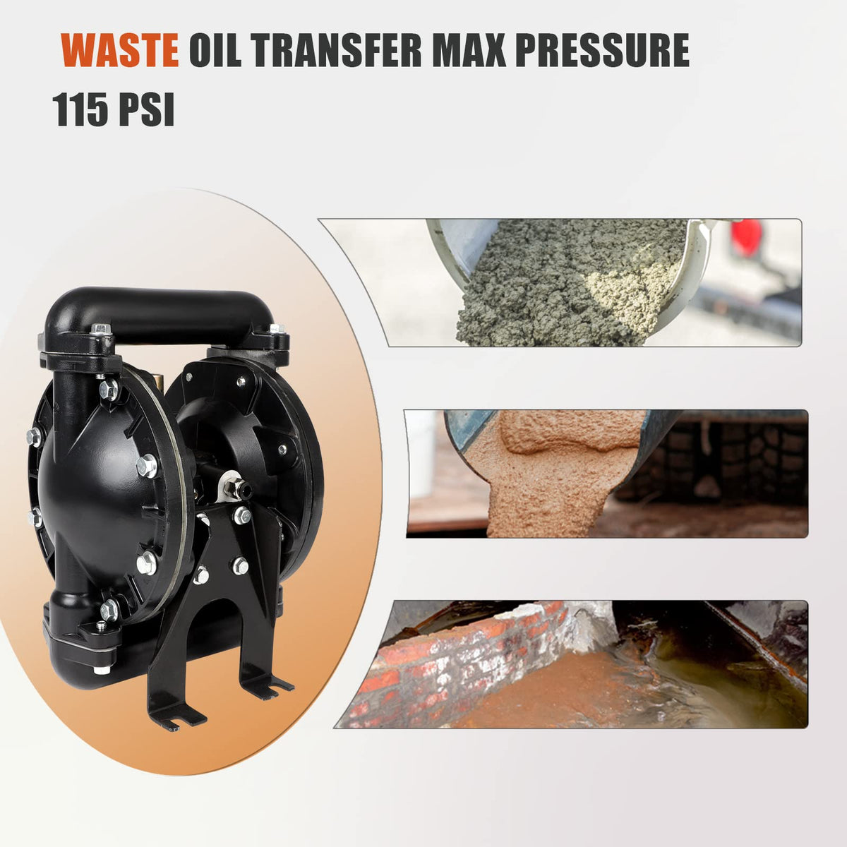 GCCSJ Air Operated Double Diaphragm Pump 1 inch Inlet/Outlet Pneumatic Chemical QBY4-25L 31 GPM Dual Diaphram Polypropylene Nitrile Rubber by Stainless Steel Iron 115 PSI