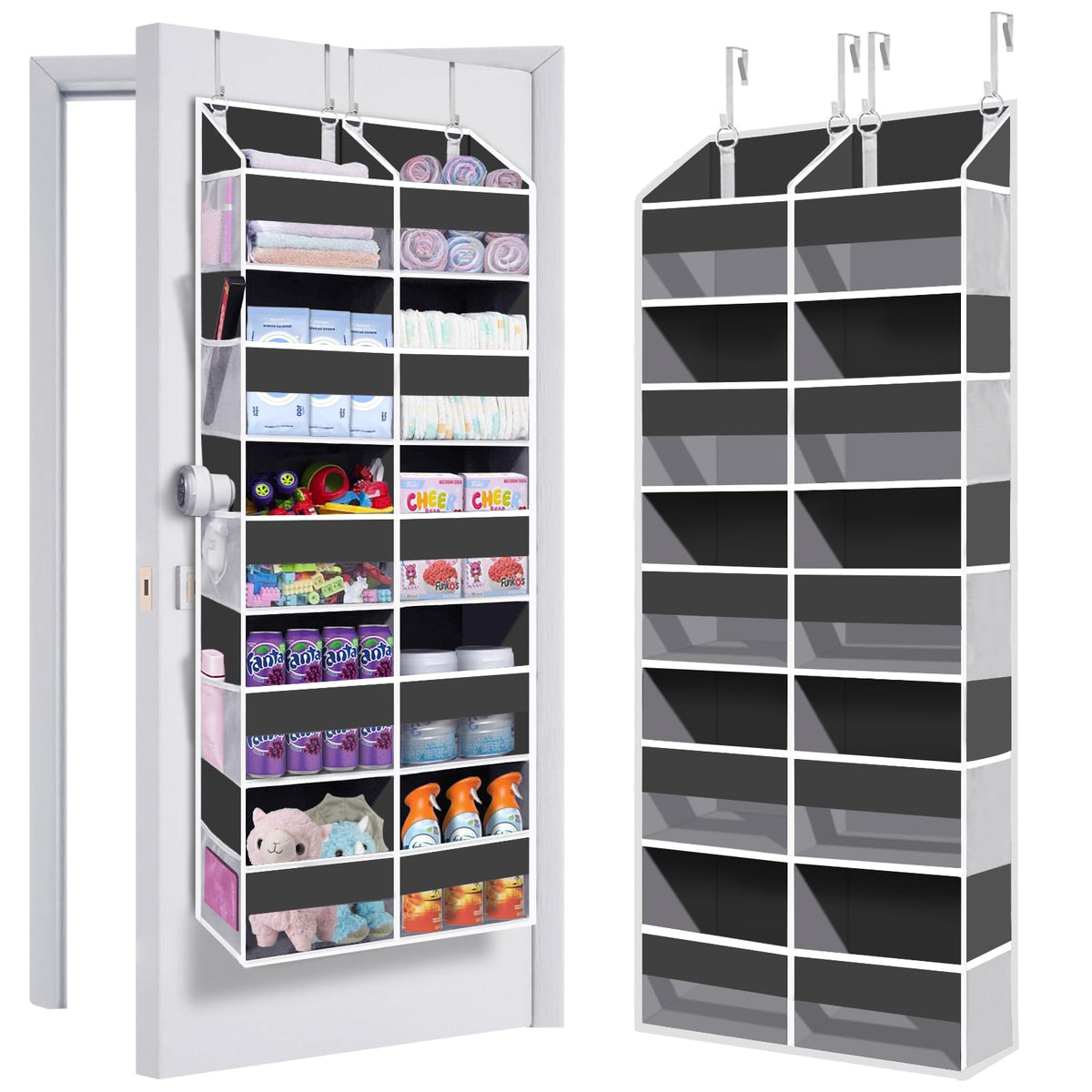 Heavy Duty Over The Door Organizer 5 Tiers, Extra Large Behind Door Storage of 10 Big Front & 10 Mesh Pockets, 80lb Weight Capacity, Hanging Doors Storage Organizer for Closet Bedroom Nursery, Grey