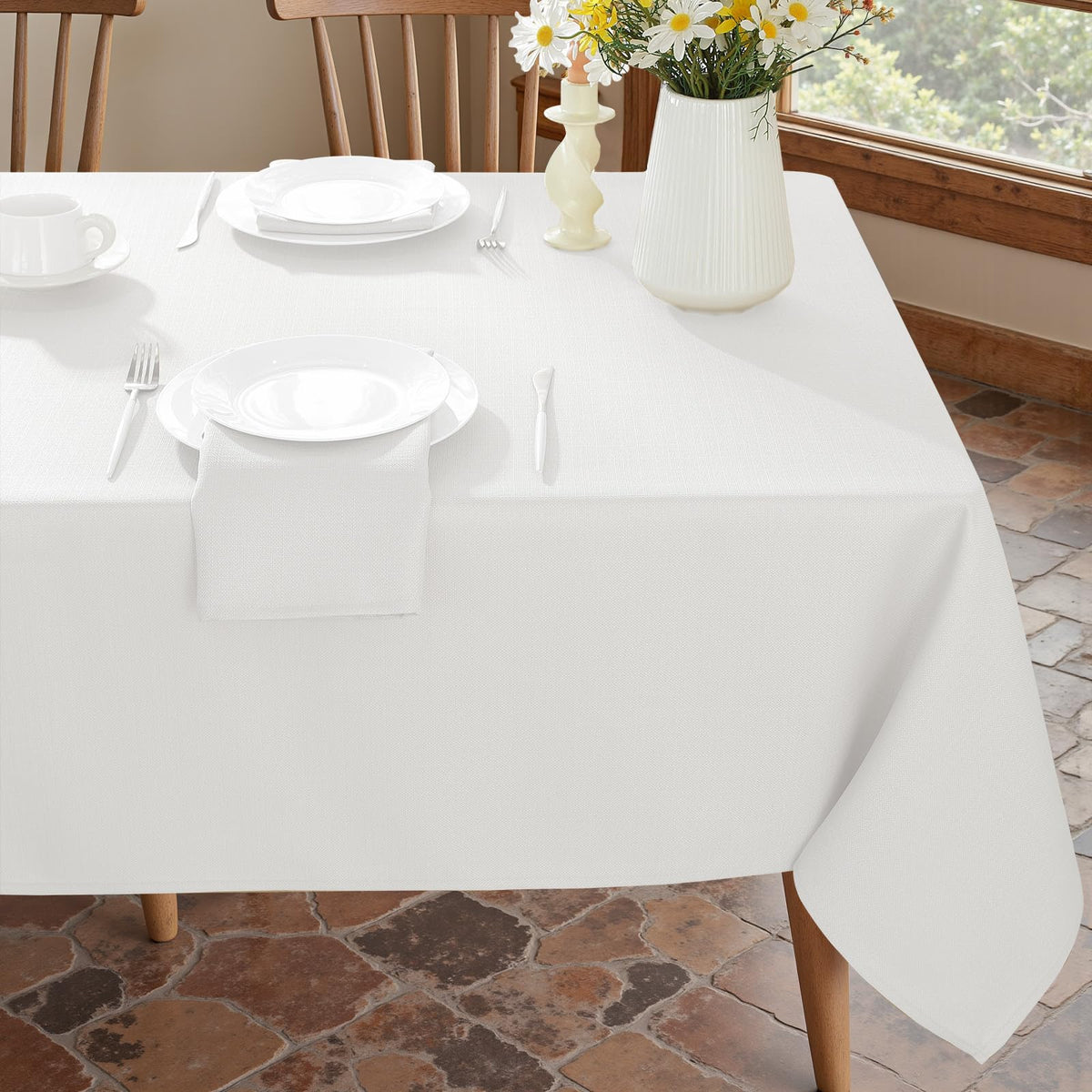 Honellaty Faux Linen Rectangle Tablecloth, 200GSM Waterproof Washable Textured Woven Table Cloth, Fabric Table Cover for Dining, Party, Wedding, Indoor Outdoor (60 x 120 Inch Rectangular, White)