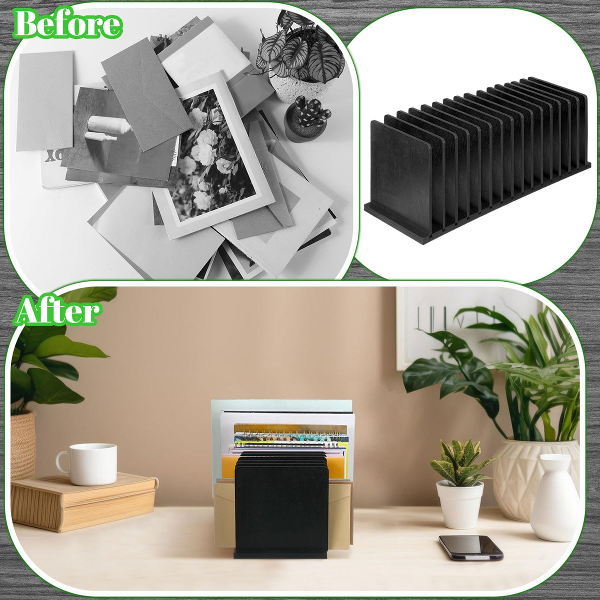 Threehoney Desk File Organizer 15 Compartments Vertical File Organizer Wood Mail Holders Countertop Letter Sorter Desktop Mail Paper Holder Folder Filing Cell Phone Document Storage Tray(Black)