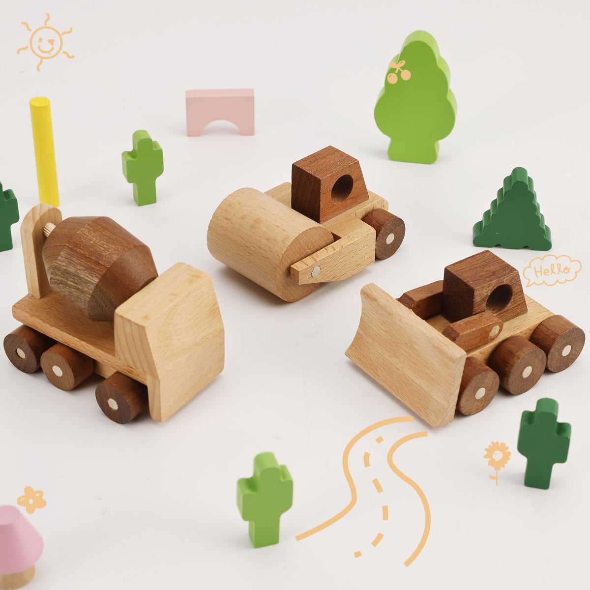 MONT PLEASANT Wooden Construction Vehicle Toy Set of 3, Toddler Montessori Toys Cement Truck Bulldozer Steam Roller Toy Car with Rolling Wheels, Kid Construction Toys Educational Gift for Boys & Girls