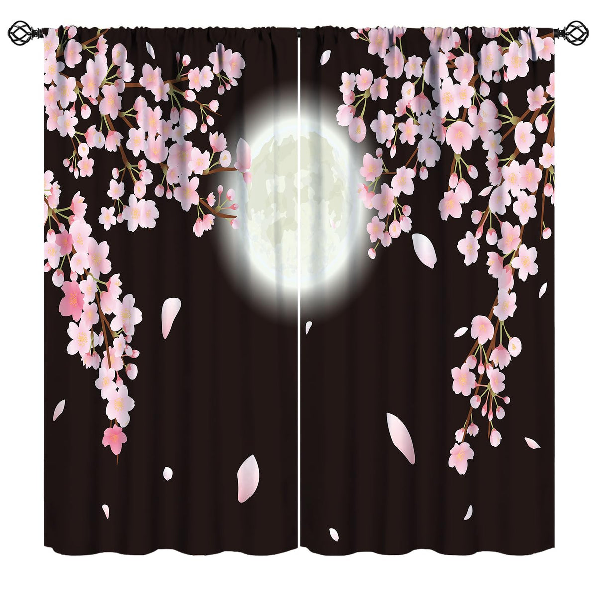 Cherry Blossom Window Curtains,Japanese Full Moon Summer Fantasy Sky Blackout Drapes,Romantic Night Pink Cherry Blossom Floral Nature Scenery Curtains for Living Room Bedroom Cafe 42x45 Inch