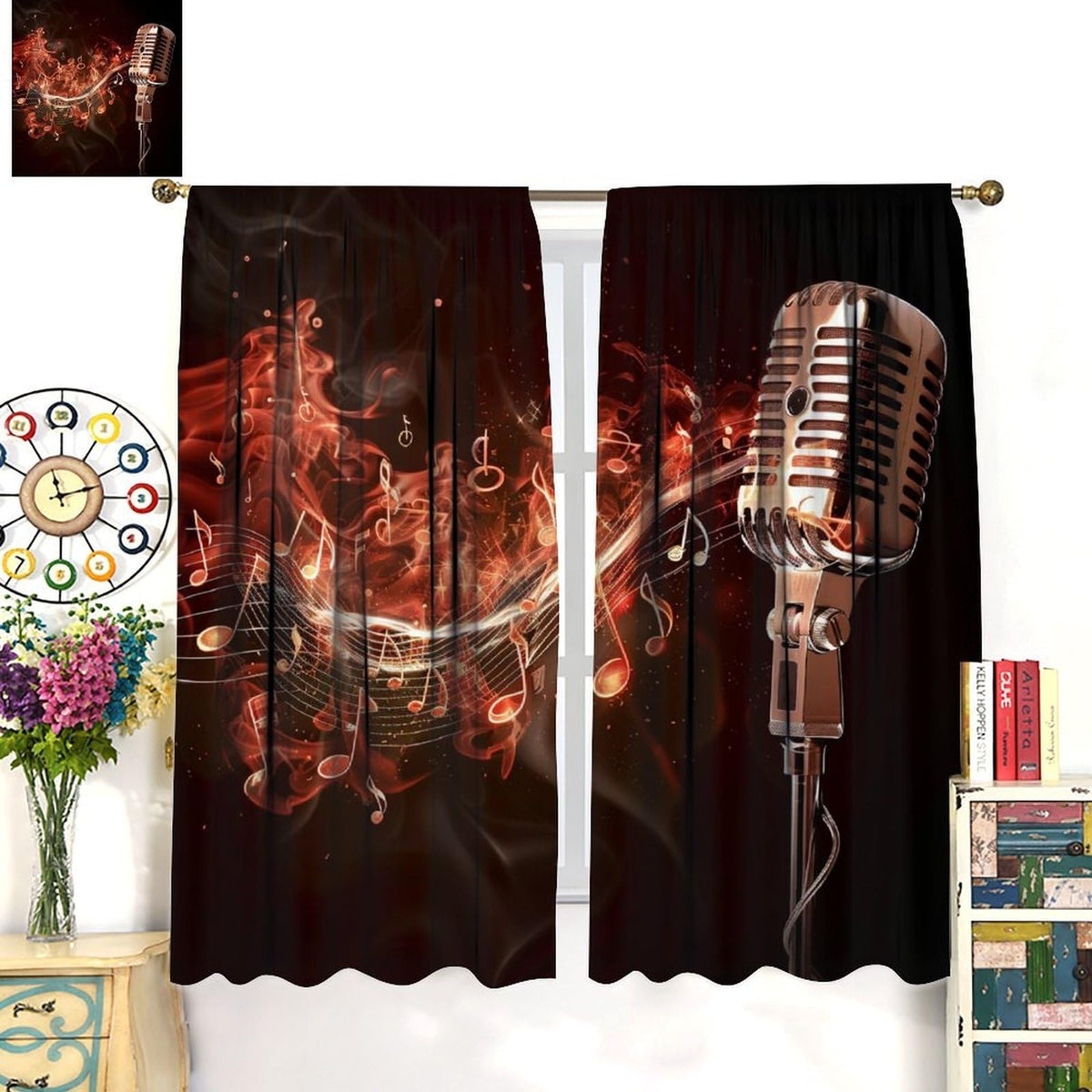 wlsgdsg Music Curtains Retro Cool and Trendy 3D Flame Art Microphone Music Notes Windows Treatments Rod Pocket Drapes for Kids Boys Girls Living Room Bedroom 42x44.5In（No Blackout）