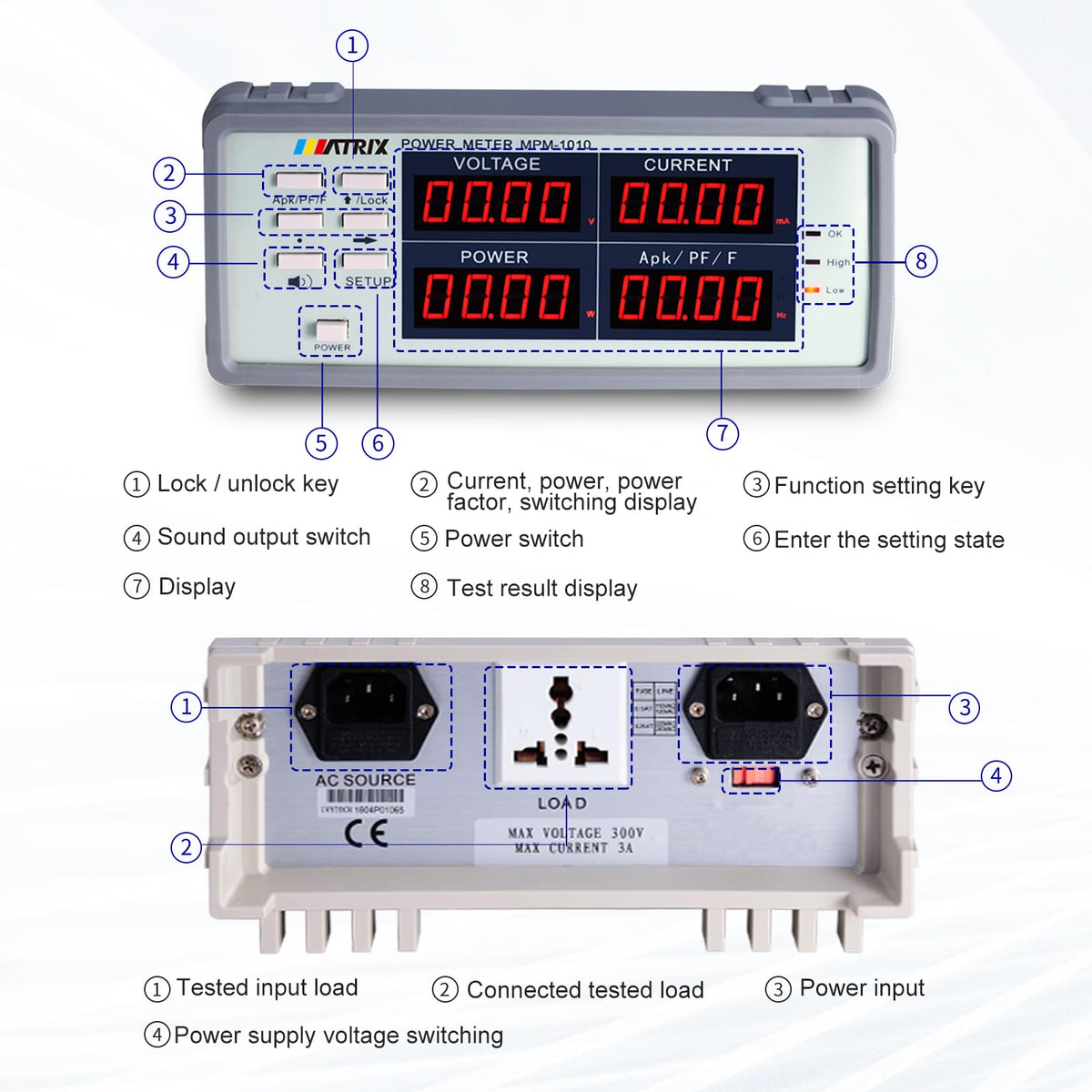 MATRIX MPM-1010 High Precision Bench Digital AC Power Meter - Voltage Current Power Factor and Frequency Meter with Upper and Lower Limit Set and Sound Light Alarm
