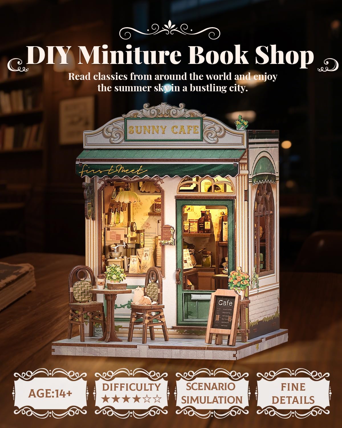 CUTEBEE Book Nook Kit - DIY Miniature House Dollhouse Kit for Adult and Teens, Booknook Bookshelf Decor Alley Model Build with LED Light, Gifts for Family and Friends (Sunny Cafe)