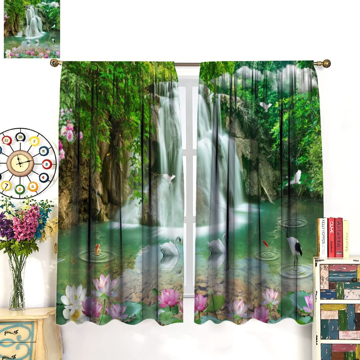 Waterfall Deocr Curtain, Japanese Style Waterfall Mountain Cloud Boat Flower Dreamy Scenes Home Decor Windows Rod Pocket Curtain for Living Room Nursery Boys Girls Bedroom Window Drapes 42" Wx45 L