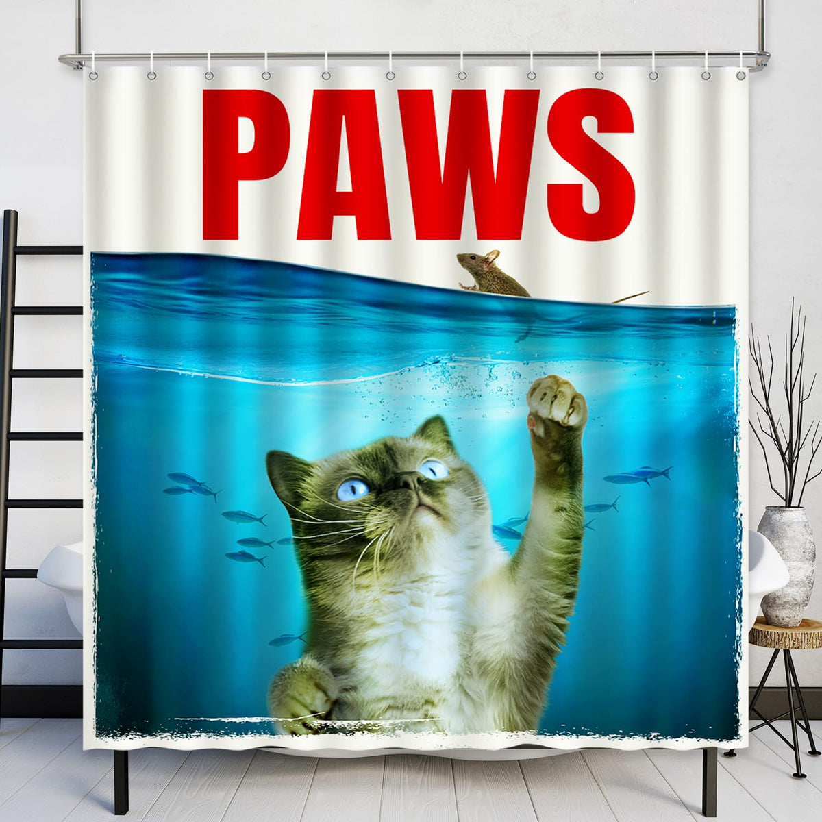 Lokigo Grey Funny Cat Shower Curtain, Cute Cat Paw Chasing Mouse in Teal Blue Ocean Nautical Shower Curtains for Bathroom Decor, Waterproof Polyester ShowerCurtains with 12 Hooks, 72" x 72"