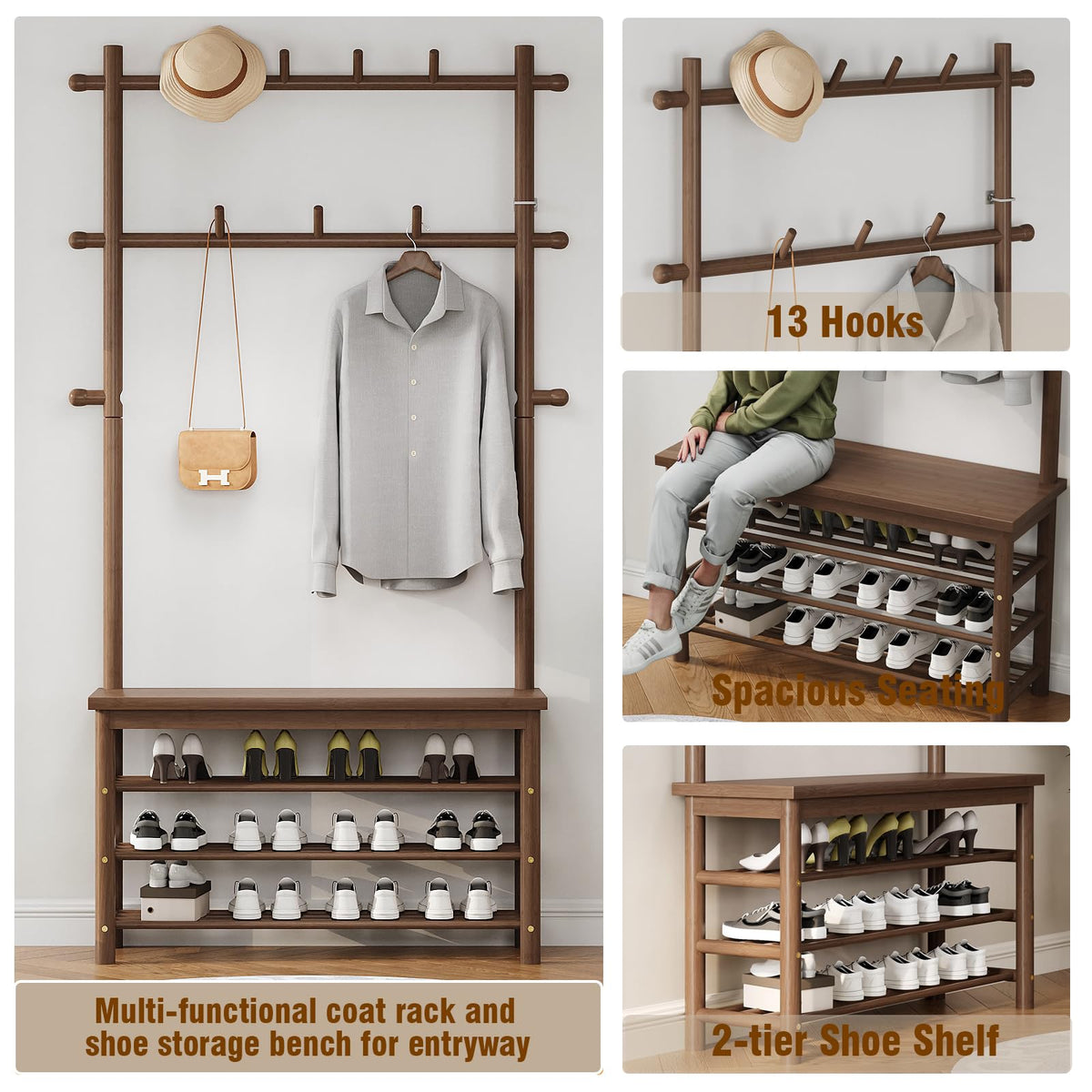 Welfuturer Bamboo Hall Tree with 13 Hook, 6-in-1 Entryway Bench with Coat Rack Freestanding, Coat Rack with Shoe Storage Bench Organizer for Mudroom, Bedroom, All-in-One Shoe Rack,Walnut