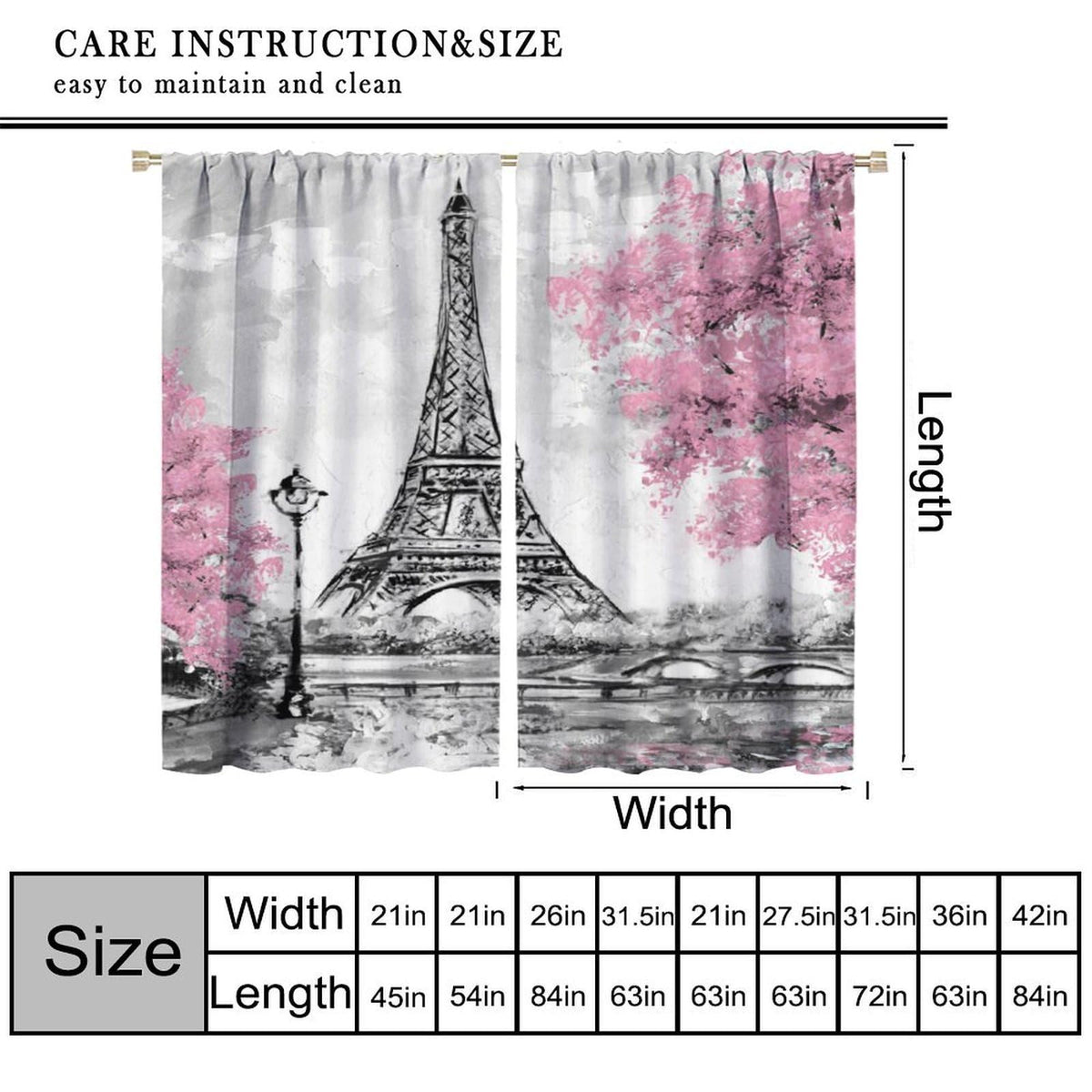 Eiffel Tower Curtains Pink Scene Romantic Decor Paris Eiffel Tower Cityscape Rod Pocket Window Treatments for Girls Women Bedroom Living Room 2 Panels 41" x 45" （No Blackout）