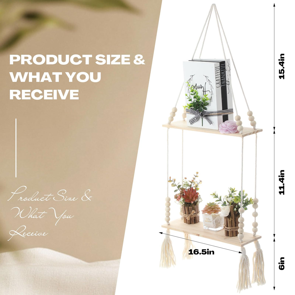 Chunful 2 Pack Macrame Wall Hanging Shelf 2-Tier Boho Wooden Display Floating Shelf Wooden Rustic Plant Rope Hanger Rack with Beads and Tassel for Wall Decor Bedroom Dorm Nursery Living Room Bathroom
