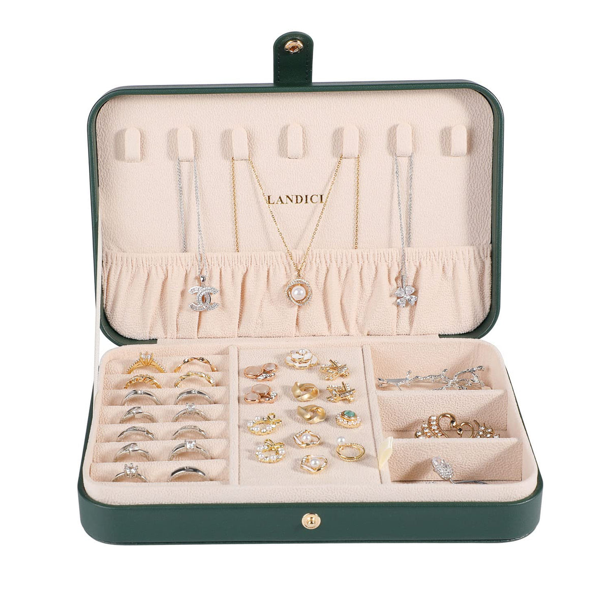 LANDICI Small Jewelry Box for Women Girls, PU Leather Travel Jewelry Organizer Case, Jewellery Storage Holder Display for Ring Earrings Necklace Bracelet Bangle Watch Men Kids Gift, Blackish Green