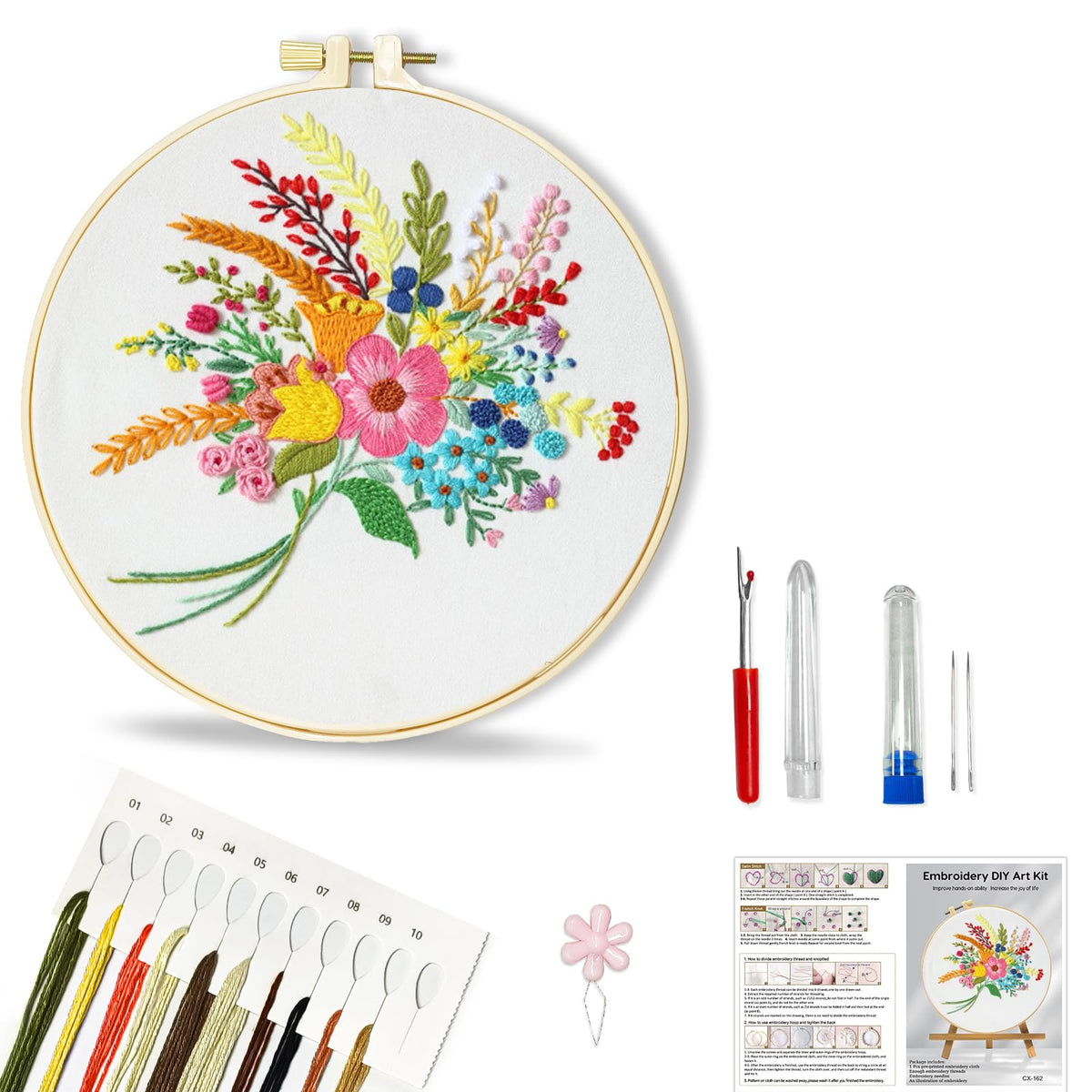 Huacan Embroidery Kit for Beginners Flower Pattern Printed Fabric with Hoop & Full Tools