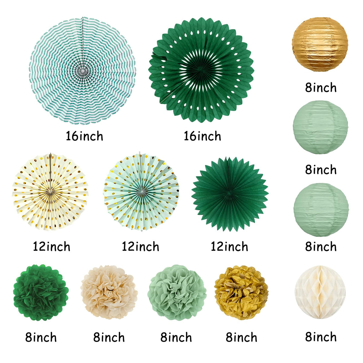 Sage Green Birthday Party Decorations - 21pcs with Happy Birthday Banner, Paper Lanterns, Tissue Pom Poms, Hanging Streamers, Round Garland for Women Girls Boys Birthday Decor Supplies.