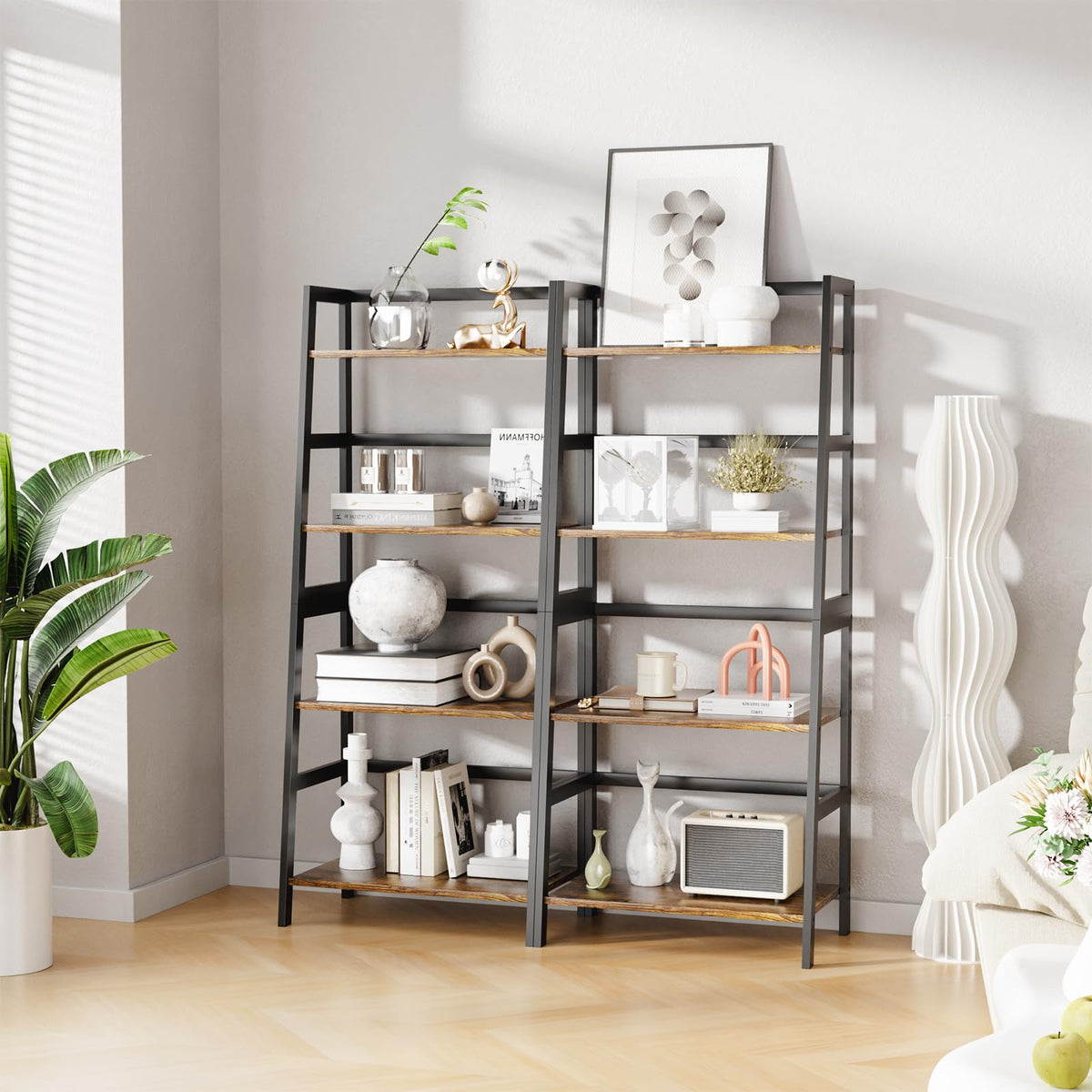 HITNET Ladder Shelf, 4 Tier Bookshelf with Bamboo Frame, Freestanding Bathroom Storage Shelving Unit for Living Room, Home Office, Bedroom, Rustic Brown and Black