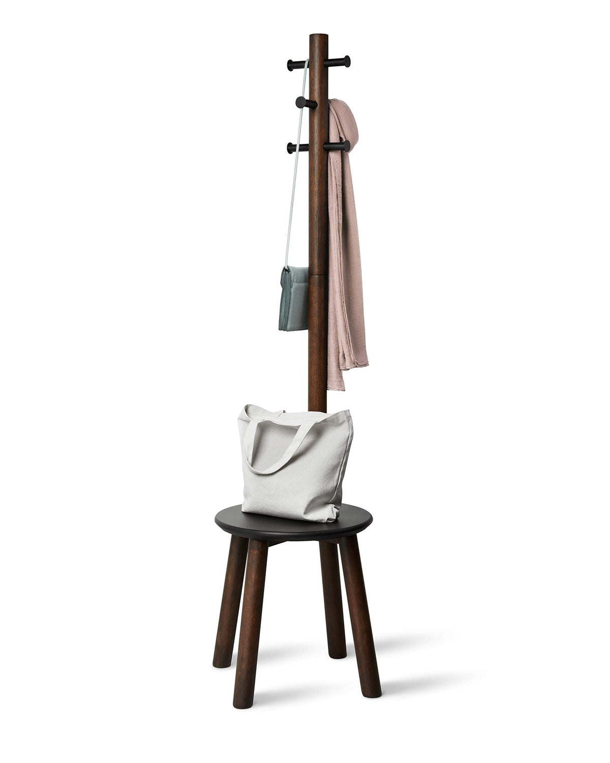 Umbra Pillar Coat Rack, Stool, Clothing Organizer, Umbrella Holder and Hat Organizer, Great for Entryway, Black/Walnut