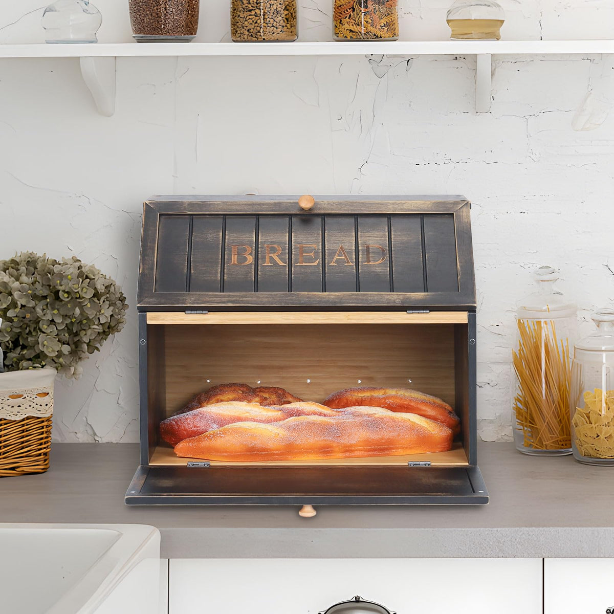 HOMEKOKO Double Layer Large Bread Box for Kitchen Counter, Retro Design Wooden Large Capacity Bread Storage Bin (Vintage Black)