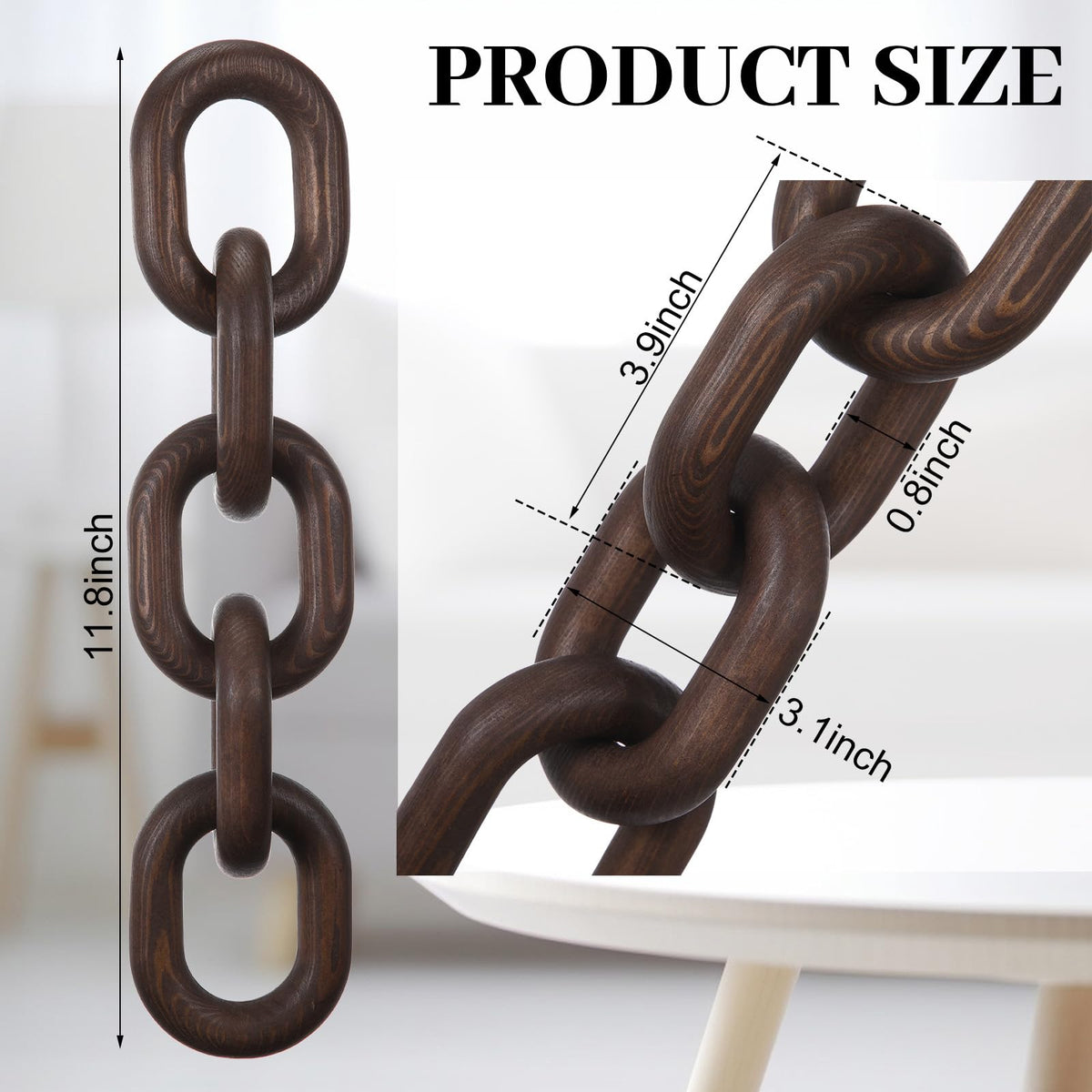 Queekay Decorative Wood Chain Link Decor Rustic 5 Link Wooden Chain Ornament Farmhouse Home Decoration Hand Carved Crafts Book Shelf Decor Items for Coffee Table(Dark Walnut,13.78 Inch)