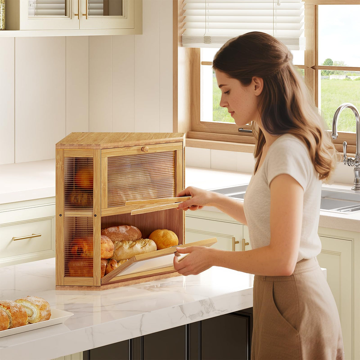 WOWLIVE Corner Bread Box for Kitchen Countertop, Double Layer Bamboo Bread Storage Container, Large Farmhouse Bread box with Acrylic Wavy Door Panel, Under Cabinet Organizer (Natural, Medium)