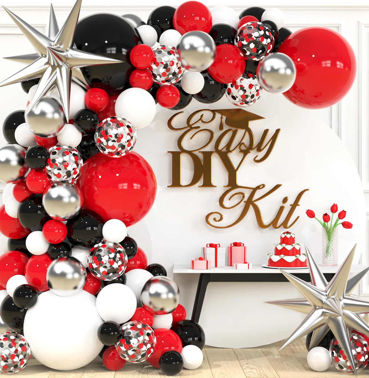 ALL-IN-1 Red Black and White Balloon Arch Kit for Red and Black Birthday Party Decorations – Reds and Blacks Balloons for White Black and Red Balloon Garland Kit – Graduation Black and Red Balloons