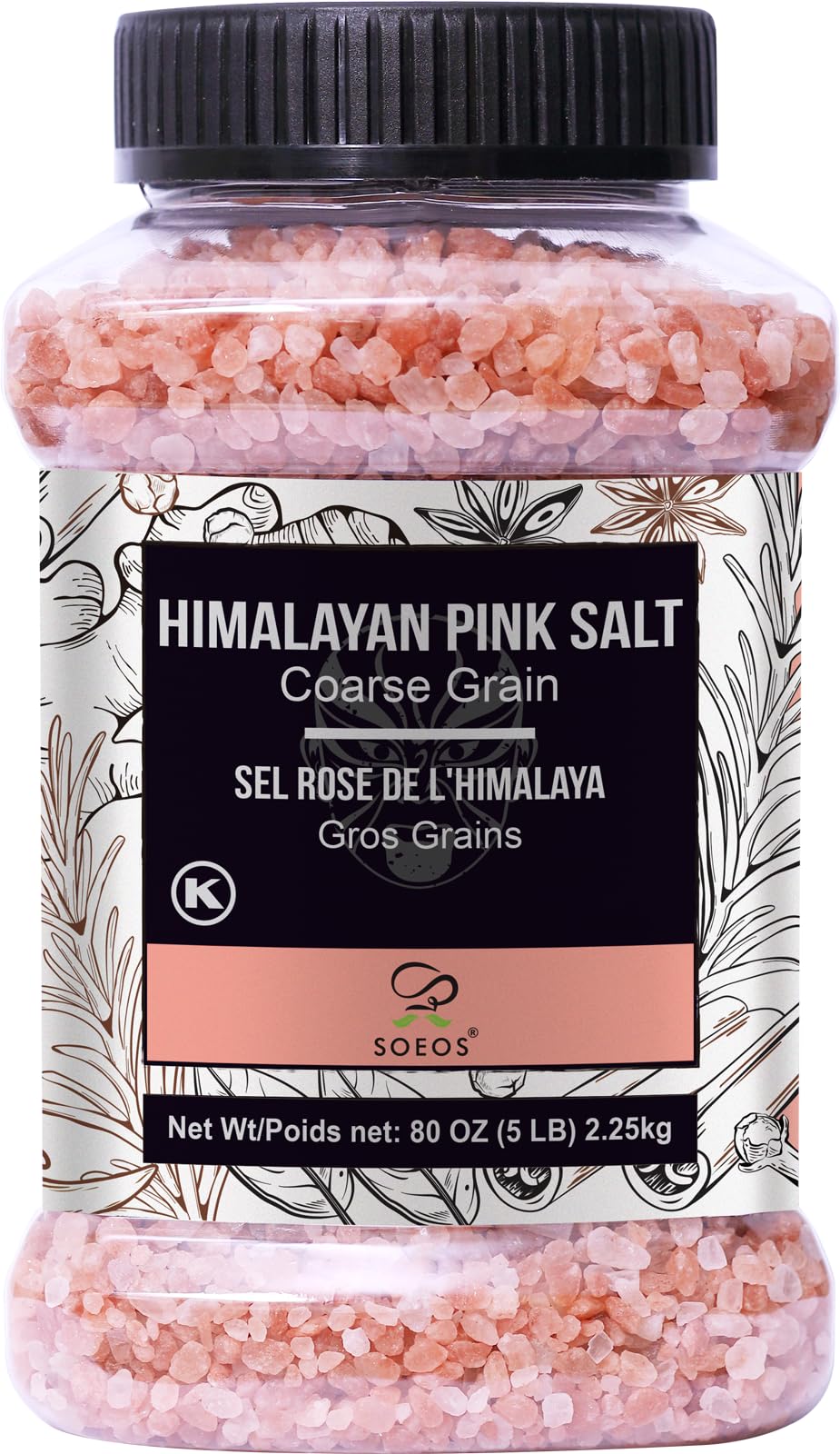Soeos Himalayan Pink Salt, Coarse Grain, 80oz (5 Pound), Pink Salt, Kosher Salt, Pink Himalayan Sea Salt Coarse for Grinder Refill