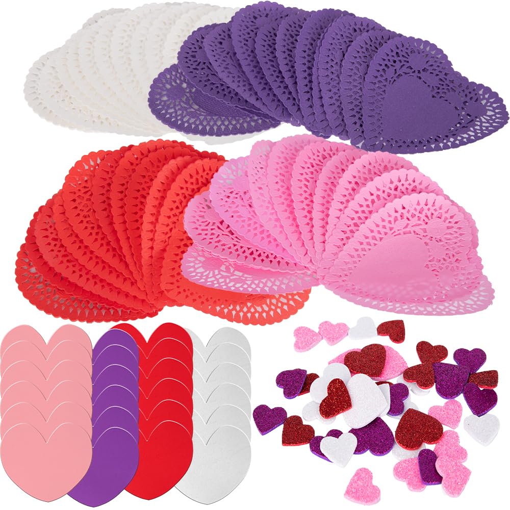 ArtCreativity 126+ Pcs Valentine's Day Heart Doilies Card Crafts for Kids - Valentine Day Crafts for Classroom Parties - Valentines Craft Supplies Kits with Heart Doilies and Glitter Foam Stickers