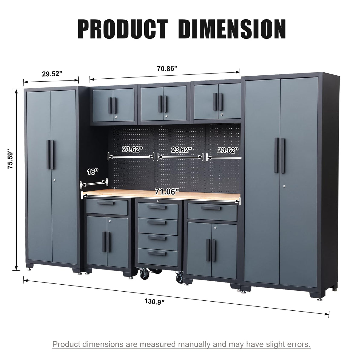 HPDMC Garage Storage Cabinet System 9-Pcs Workshop Set Garage Cabinets and Storage System with Steel Drawers, Rolling Chest, Workbench, Pegboard for Tool Organization