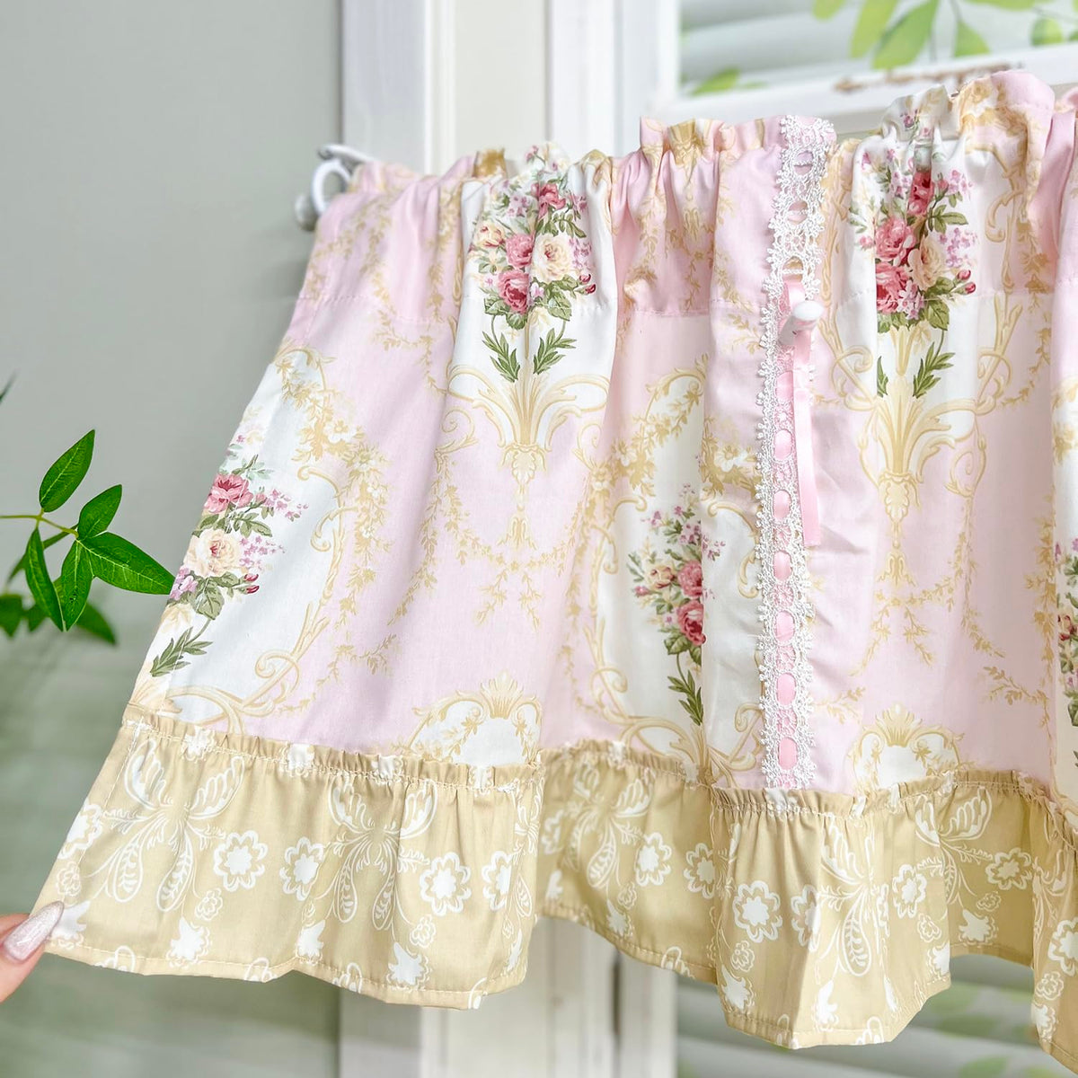 European Floral Tie Up Curtains for Kitchen Adjustable Balloon Shade Window Valance Elegant Cafe Bathroom Dining Room Window Drapes Rod Pocket 1 Panel (W59 X L16 INCH,Pink)