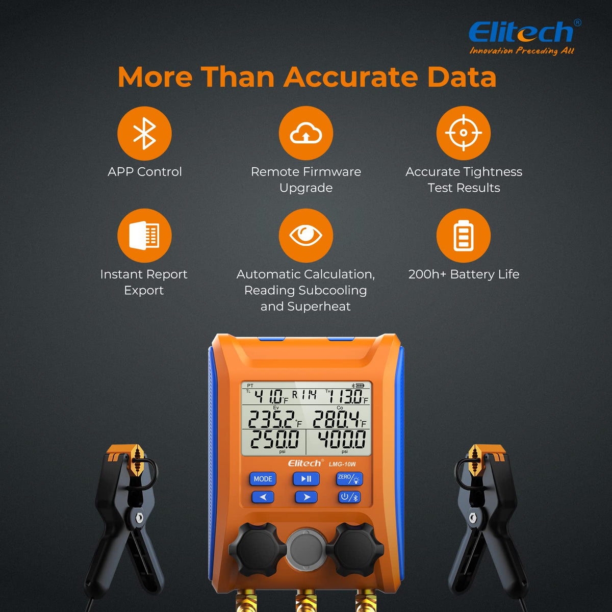 Elitech Wireless Digital Manifold Gauge Set Data Logging Refrigerant HVAC Gauges with Hoses, Temperature Clamps, LMG-10W