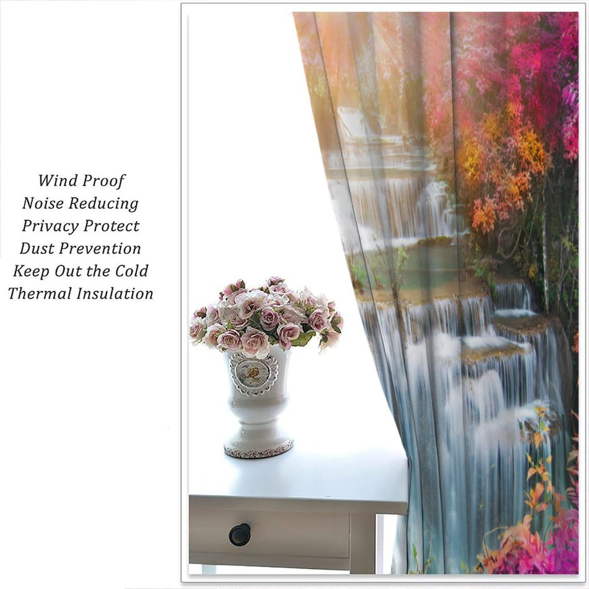 Focusbrite Waterfall Curtains，Spring Nature Theme Pink Floral Forest Landscape Scenery Pattern Waterproof Fabric Rod Pocket Window Drapes for Bedroom Living Room Cafe Set 2 Panels,42x45 Inches