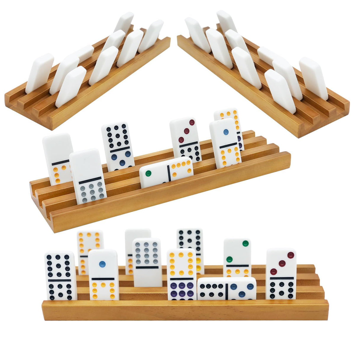 ESSAJOY Wooden Domino Trays/Racks Set of 8 Domino Tiles Holders Mexican Train Wooden Trays/Racks Wood Organizers for Chicken Foot (8 Premium Domino Tiles Holder Rack)