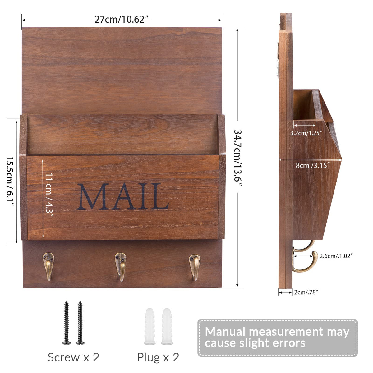 DLQuarts Mail Organizer with Key Holder for Wall Decorative Mail Sorter Wall Mounted, Wooden Mail Holder with 3 Hooks, Dark Brown
