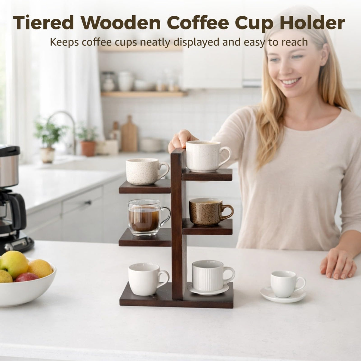 OMISTAR 3 Tiered Wooden Coffee Cup Holder, Kitchen Counter 6 Mug Wood Coffee Mug Organizer Stand with Non-Slip Foam Pads, Vertical Cup Storage Rack for Coffee Bar Countertop