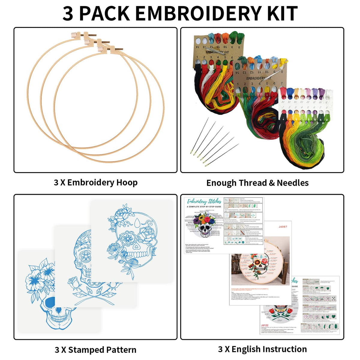 Nuberlic 3 Pack Halloween Skull Embroidery Kit for Adults Beginner Cross Stitch Kits for Starters with Skull Patterns Include 3 Hoop Cloth Thread Needles and Instructions