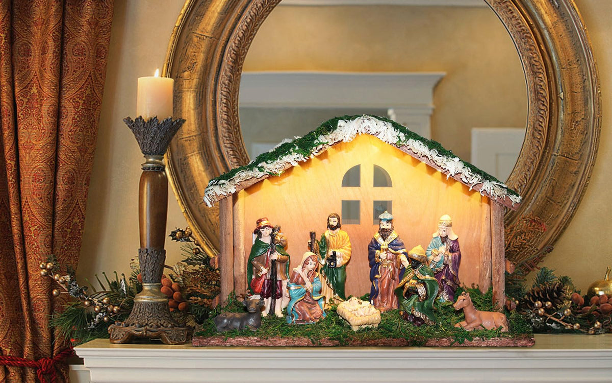 PALZIK Lighted Christmas Nativity Set, Nativity Sets for Indoor with Wooden Stable, Nativity Scene Set & Figures for Christmas Decorations Indoor Tabletop Decorations