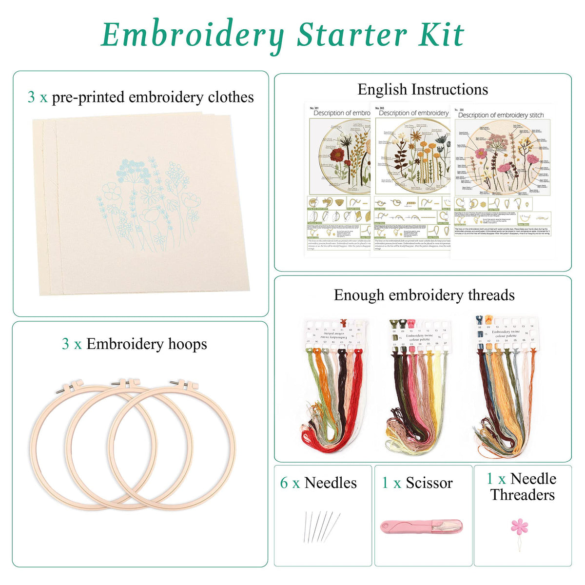Harimau 3 Pack Embroidery Kit for Beginners , Floral Plant Pattern,Cross Stitch Kits Set , Including Stamped Embroidery Cloth with 3 Embroidery Hoops, Color Threads and Tools (Flower)