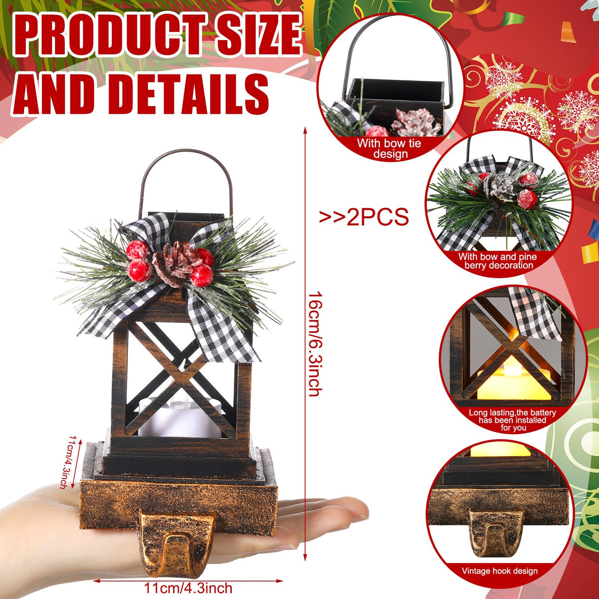 Therwen 2 Pcs Christmas Stocking Holders Lantern Christmas Stocking Hangers for Mantel Xmas Hooks Decorative Retro Light up Holders for Home Indoor Outdoor Decor(Classic,Bronze)