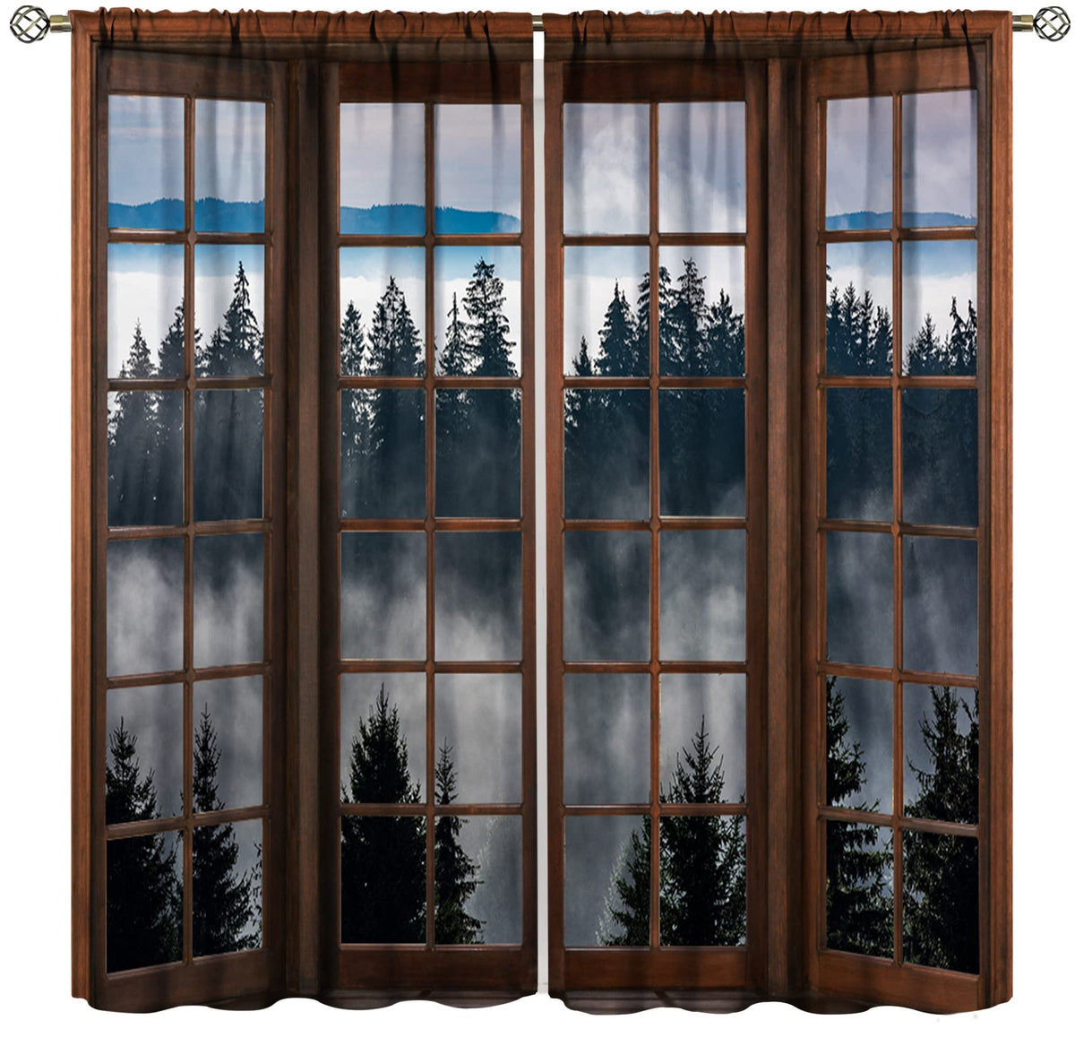 Misty Forest Landscape Curtains, Wooden Window Forest Mountain Rustic Bedroom Living Room Kitchen Blackout Curtains 42x45 Inch