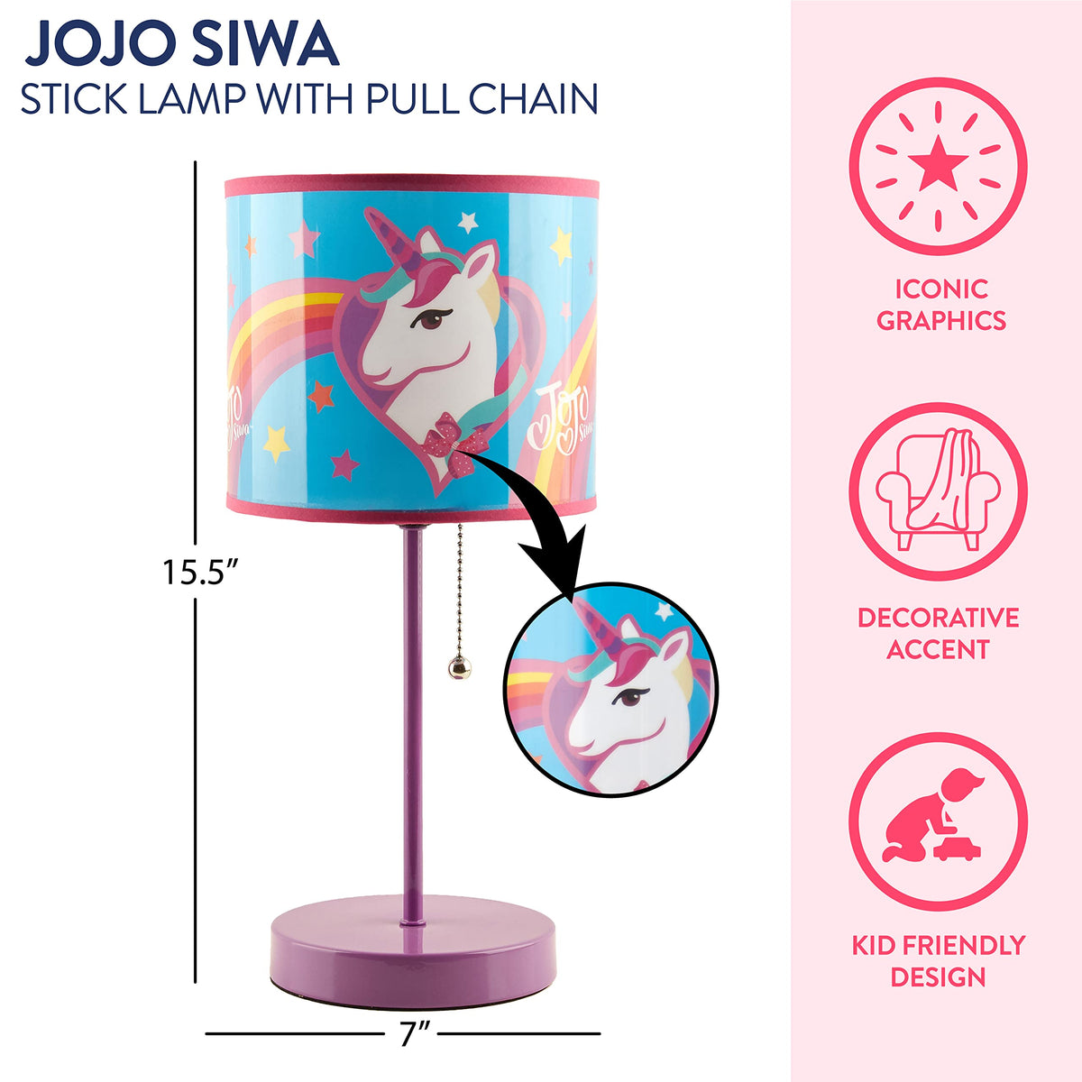Idea Nuova JoJo Siwa Unicorn Stick Table Kids Lamp Metal with Pull Chain, Themed Printed Decorative Shade