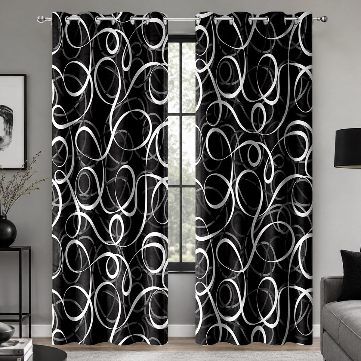 JAZEAOI Black White Geometric Blackout Curtains, Modern Abstract Grey Black Out Window Drapes for Bedroom Living Room Grommet Thermal Insulated Room Darkening Decor, 2 Panels 52x84 Inches