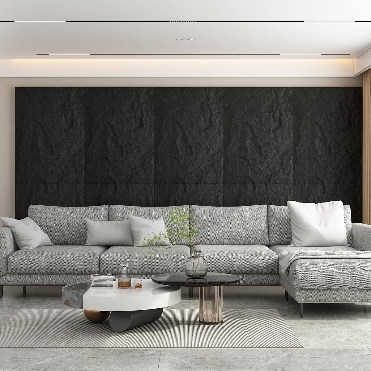 OUZUGIE 4 PCS Faux Stone Wall Panel 47.2’’ x 23.6’’ Interior Exterior Wall Decor 3D PU Panel with Lava Stone Design Black