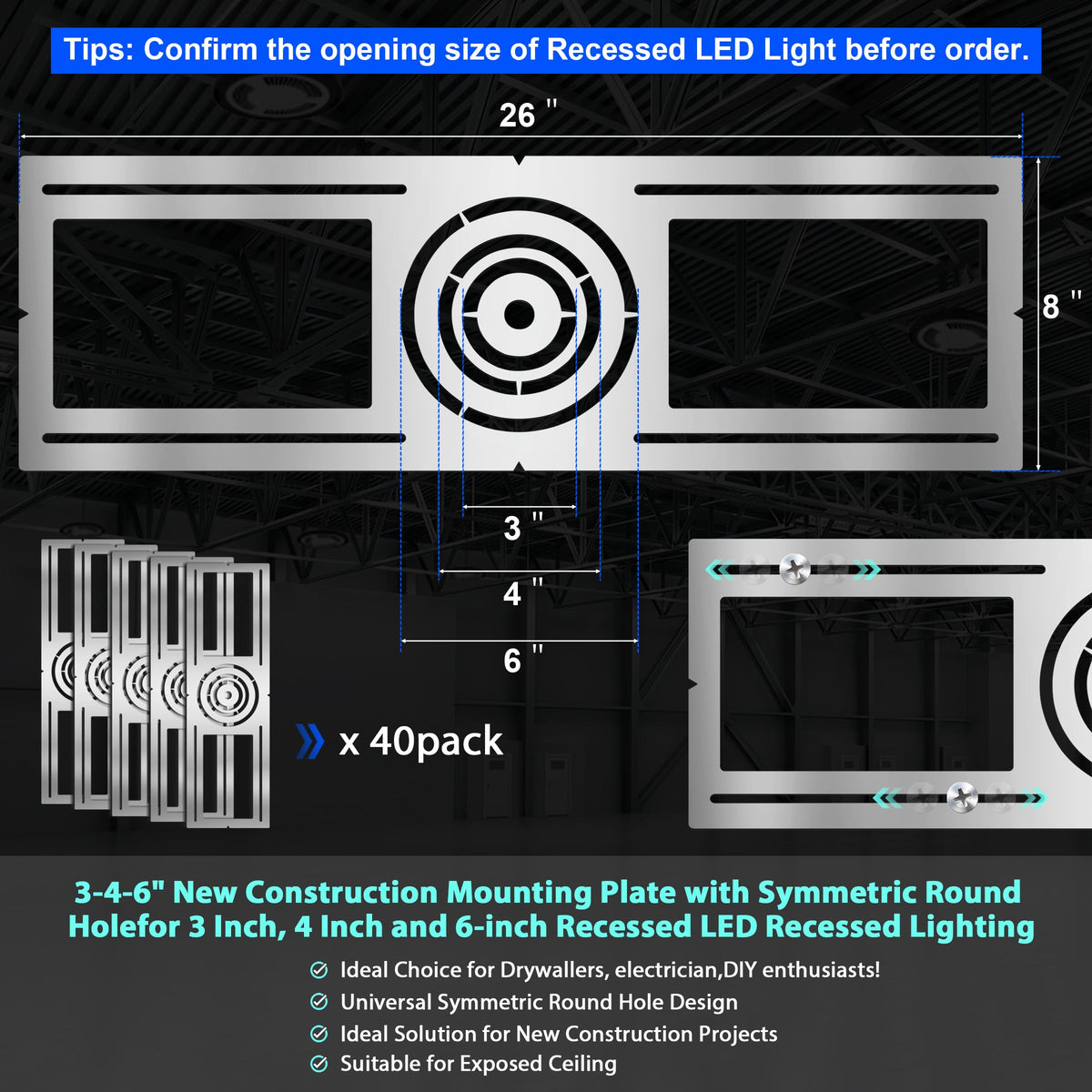 New Construction Mounting Plate, 3-4-6 Inch, LED Recessed Lighting Housing Kits for remodeling, Basement remodeling, Hanging Ceiling and LED Lighting, Shallow Recessed Lighting Housing Plate,40PC