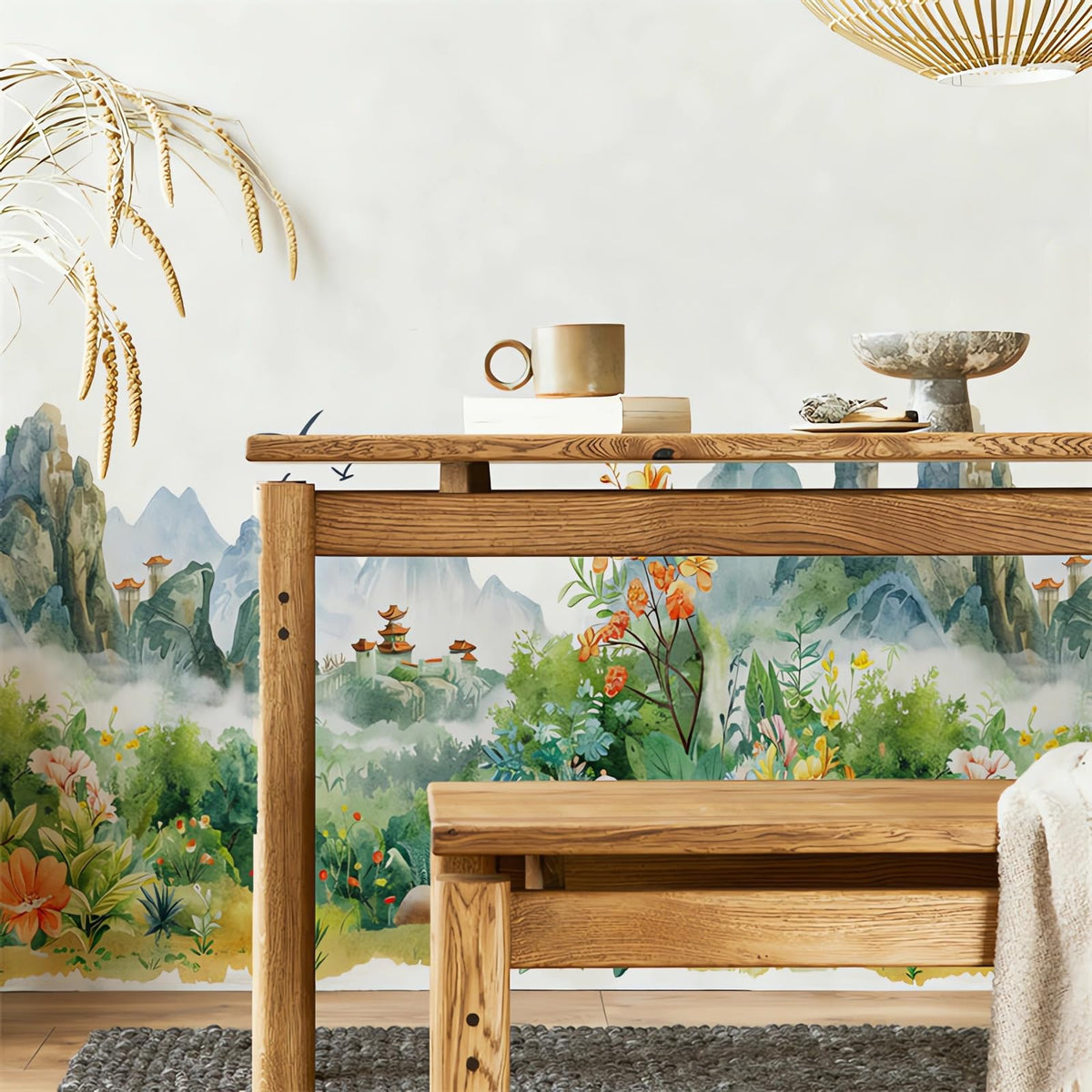 Chinese Style Landscape Painting Circulation Collage Wall Stickers, sacinora Landscapes Flower River Bird Wall Decal Removable Vinyl Peel and Stick for Living Room Tea Room Background Home Decoration