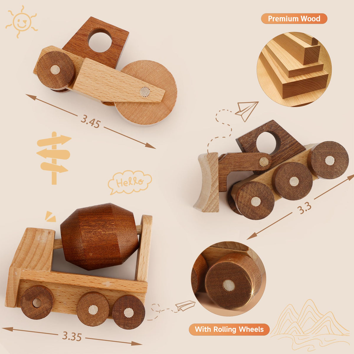 MONT PLEASANT Wooden Construction Vehicle Toy Set of 3, Toddler Montessori Toys Cement Truck Bulldozer Steam Roller Toy Car with Rolling Wheels, Kid Construction Toys Educational Gift for Boys & Girls