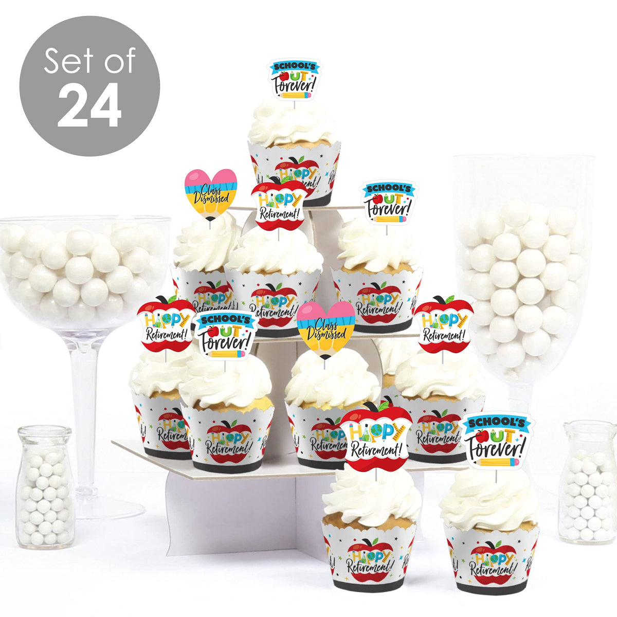 Big Dot of Happiness Teacher Retirement - Cupcake Decoration - Happy Retirement Party Cupcake Wrappers and Treat Picks Kit - Set of 24