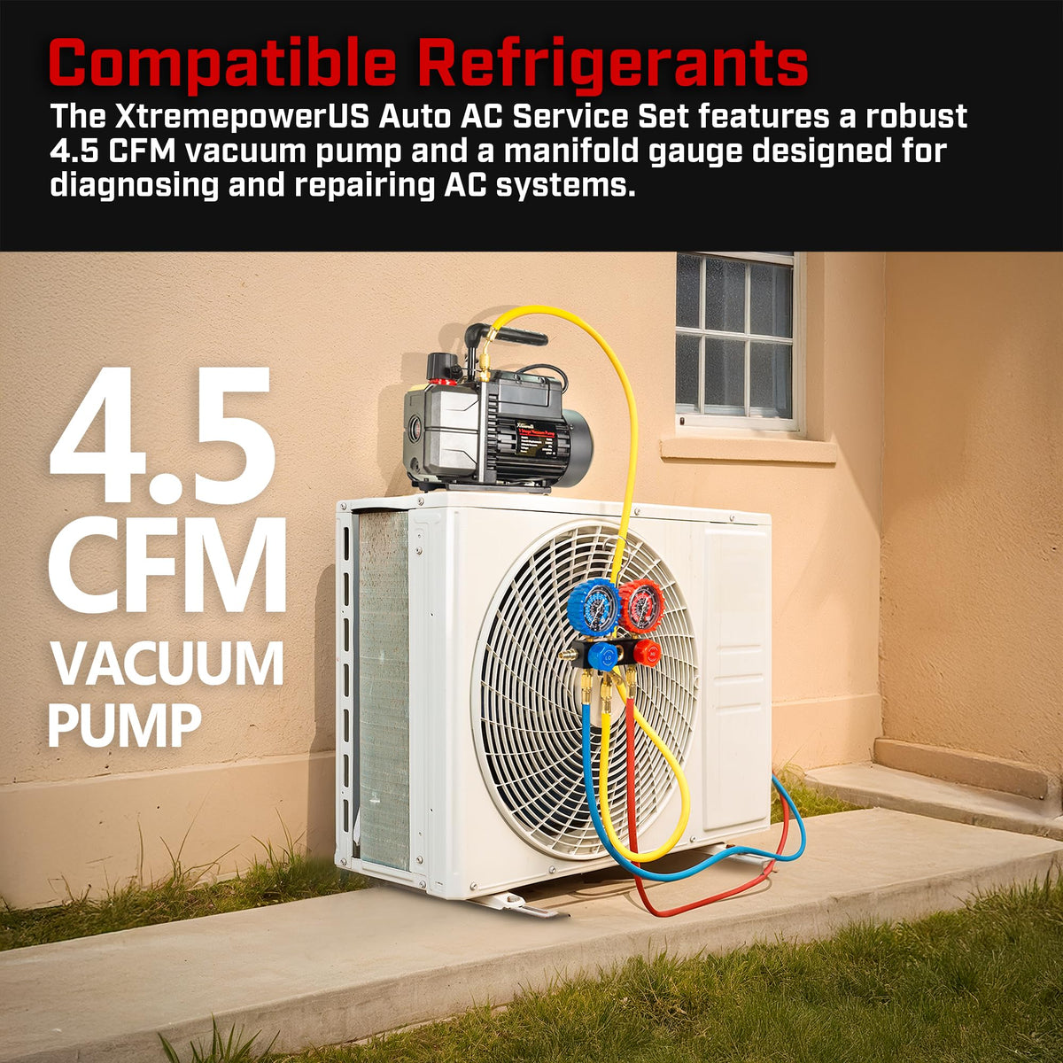 XtremepowerUS 4.5 CFM AC Vacuum Pump & 1/3HP Manifold Gauge Set HVAC Systems Commercial Use Refrigerant Service Kit with Hoses & Can Taps R134, R22, R410a Gauge