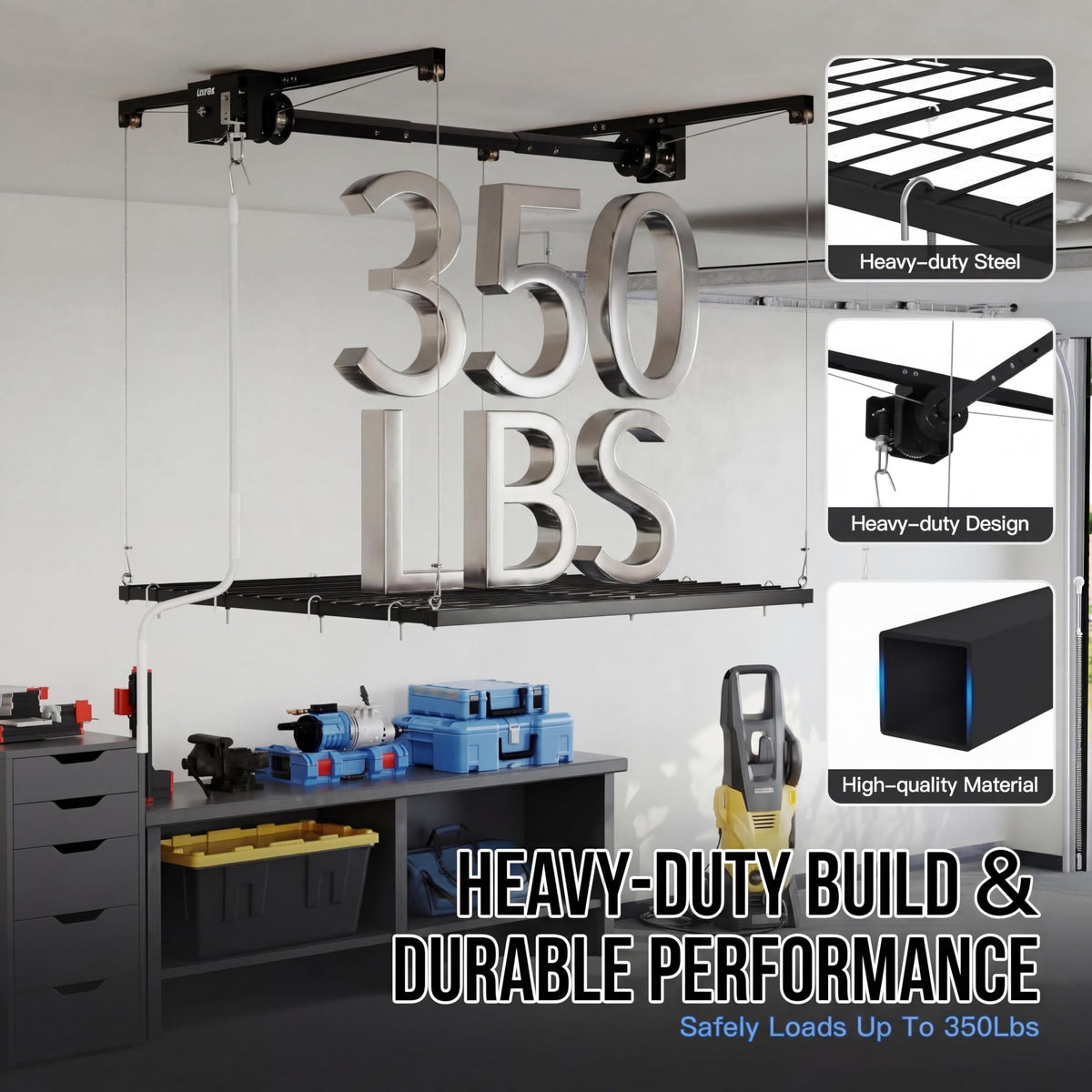 GarveeTech 4x4 ft Overhead Garage Storage Rack, Adjustable Heavy Duty Hanging Garage Ceiling Storage Rack System, 300 Lbs Weight Capacity