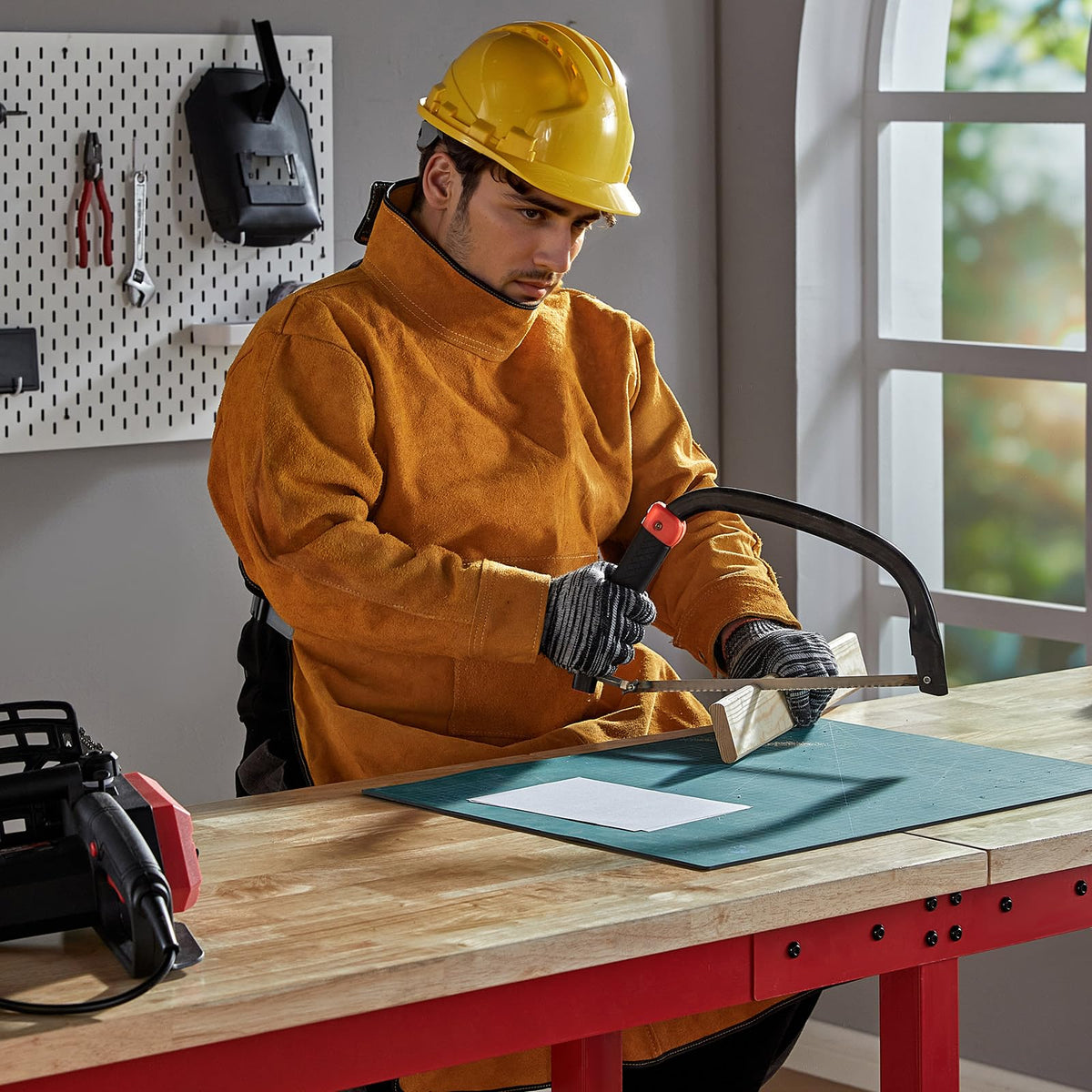 Albott 44x20 Adjustable Workbench with Power Outlets, 2000 LBs Heavy Duty Work Table with Hooks, Solid Rubber Wood Top, for Garage, Woodworking, Workshop, Home Office, Red