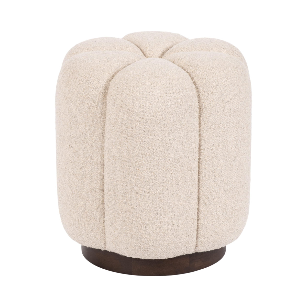 Kate and Laurel Lucida Round Upholstered Ottoman with Mango Wood Base, 16 x 16 x 18, Soft White and Dark Brown, Modern Scalloped Boucle Ottoman Foot Rest for Apartment or Living Room Decor
