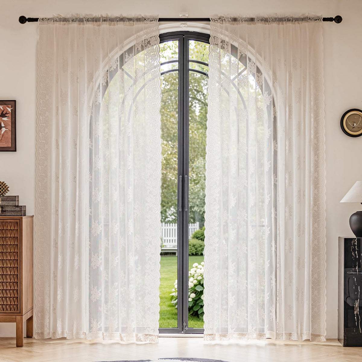 Ivory Lace Curtains 84 Inch Long Vintage Rose with Scalloped Edges Semi Sheer Curtain Drapes for Living Room, Bedroom Cream Lace Window Sheer Curtains with Rod Pocket, 57"W x 84"L, 2 Panels