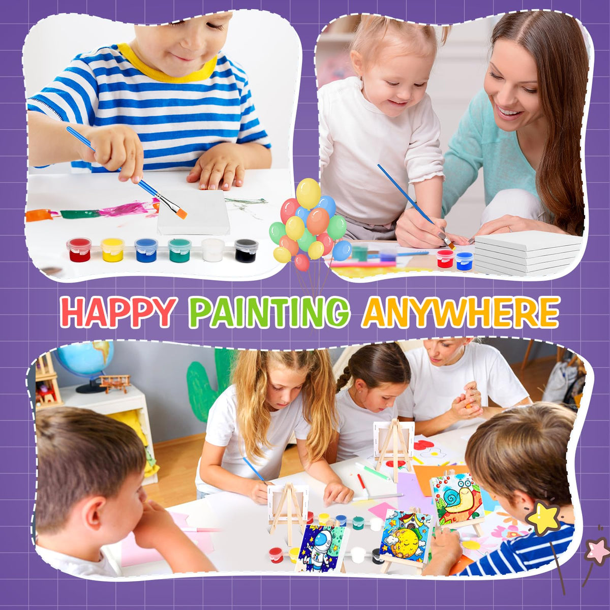 ESRICH 30 Pack Mini Acrylic Paint Kit,Canvas Painting Kit,4in Stretched Canva with 6in Easel,Acrylic Paint Strips,Palettes,Painting Brushes,Canva and Easel Set for Kids Artists Beginner,Gift
